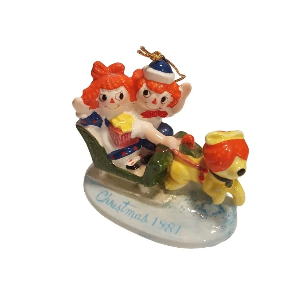 Vintage 80s Schmid Raggedy Ann Andy Snowtime Frolic Christmas Tree Ornament